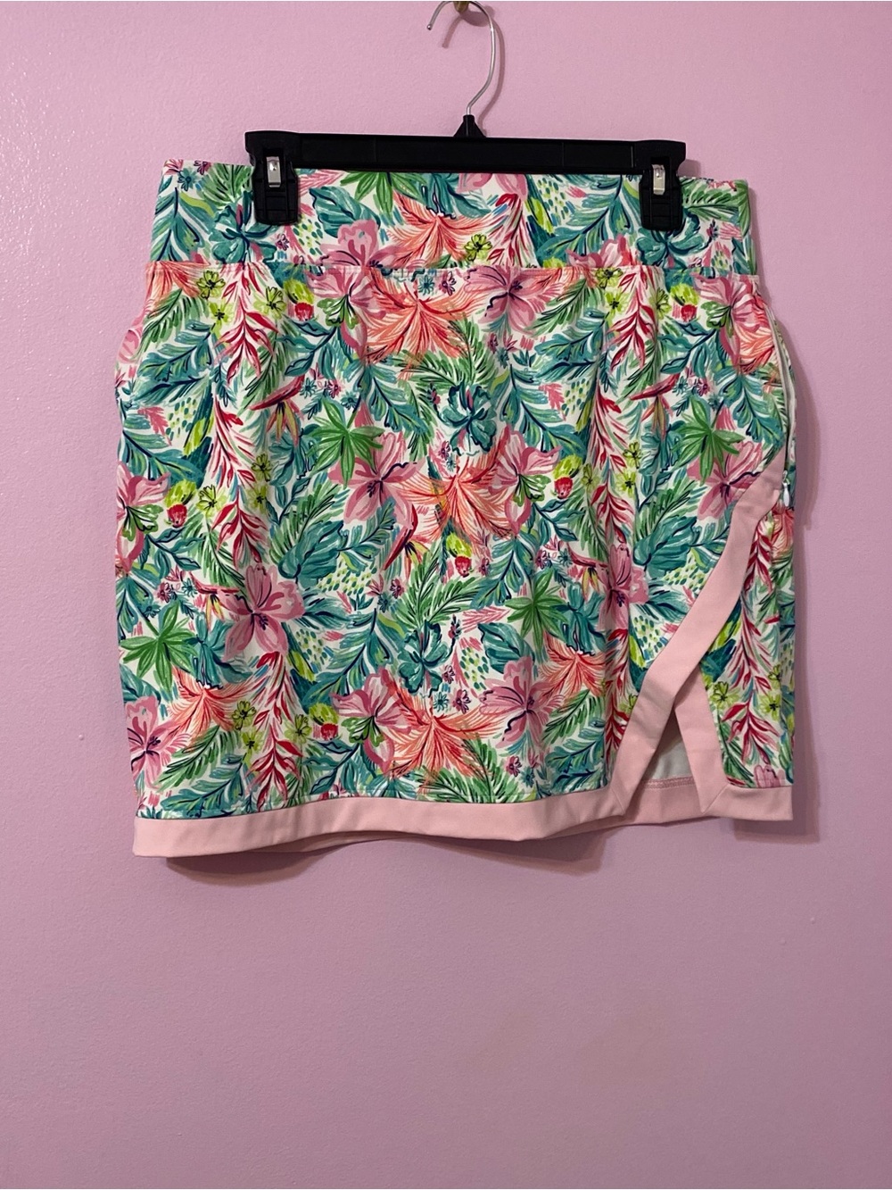 Stella Parker Tropical Floral hibiscus Print Skort with Pink Trim size medium